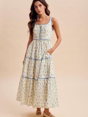 Cotton Floral Lace Up Maxi Dress